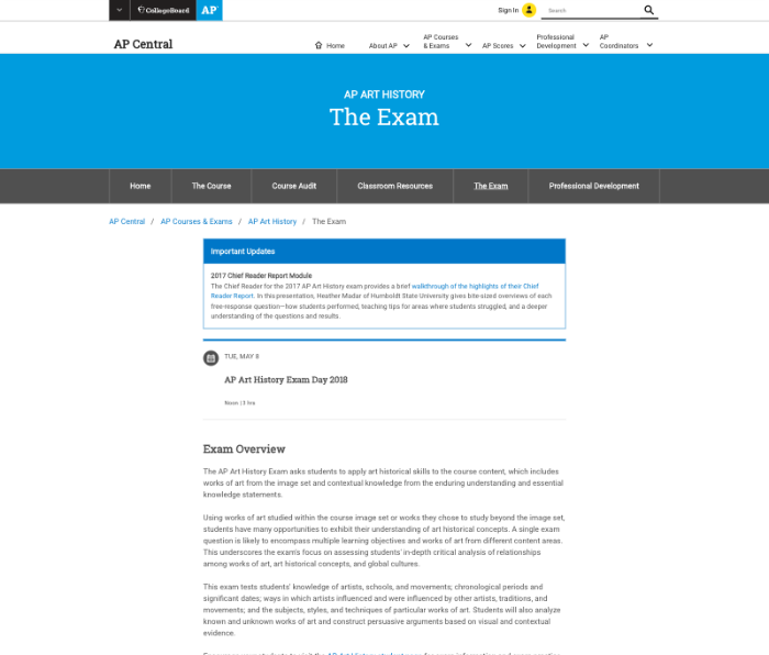 Previous design for course pages, Art History course