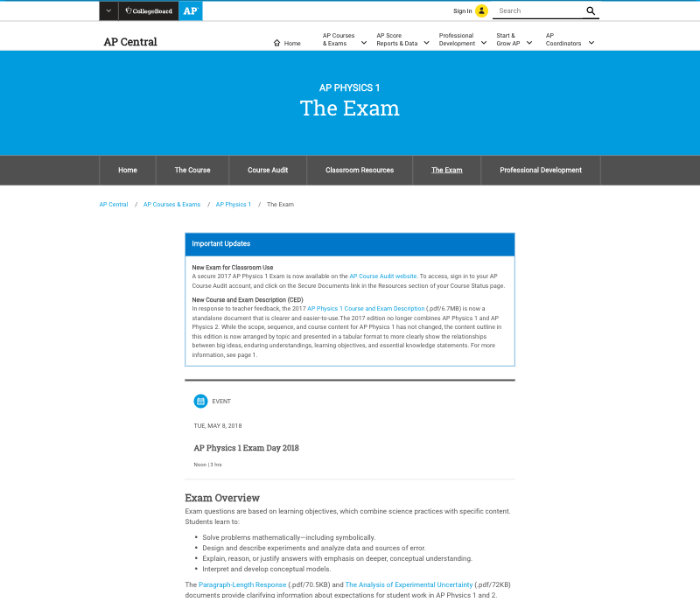 Previous design for course pages, Physics 1 course