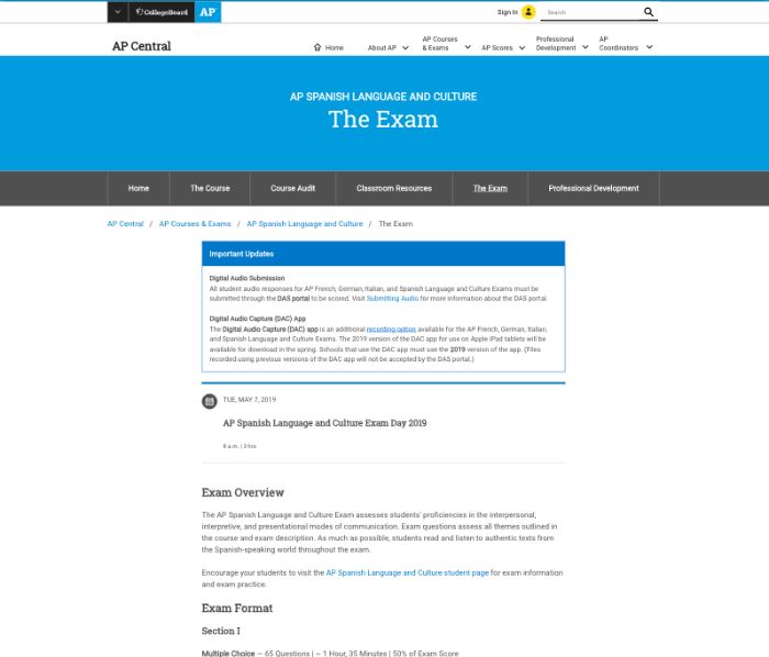 Previous design for course pages, Spanish course