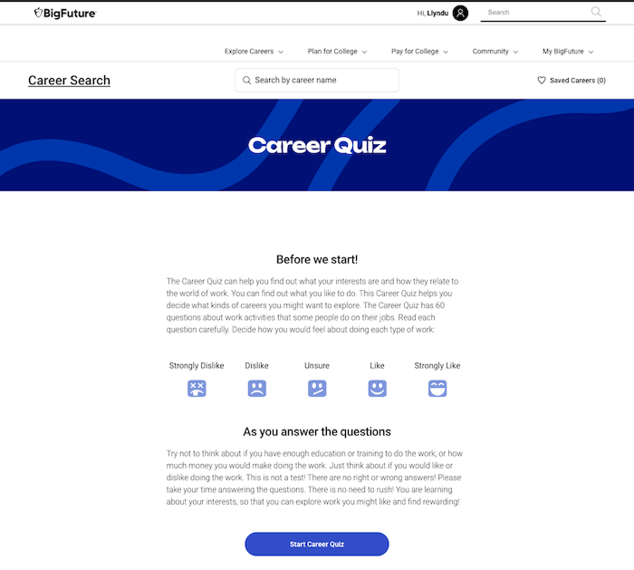 Intro page for Career quiz, desktop view