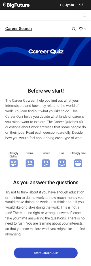 Intro page for Career quiz mobile view