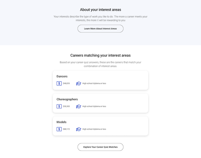 Career recommendations, desktop view