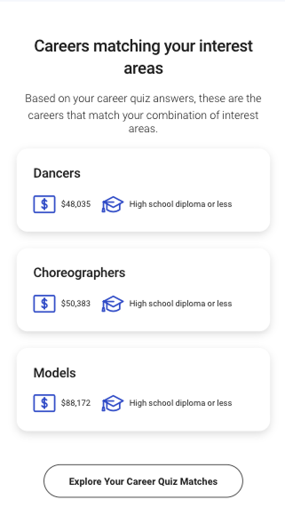 Career recommendations, mobile view