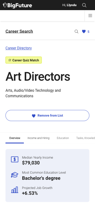 Career profile Overview, mobile view
