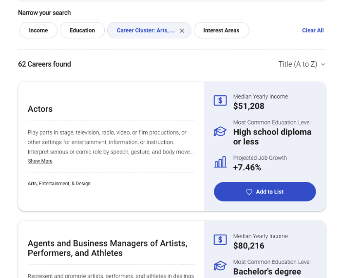 Career card on search results, desk view