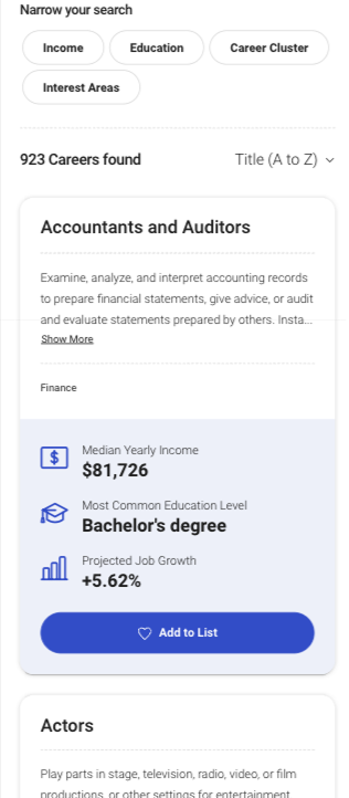 Career card on search results, mobile view